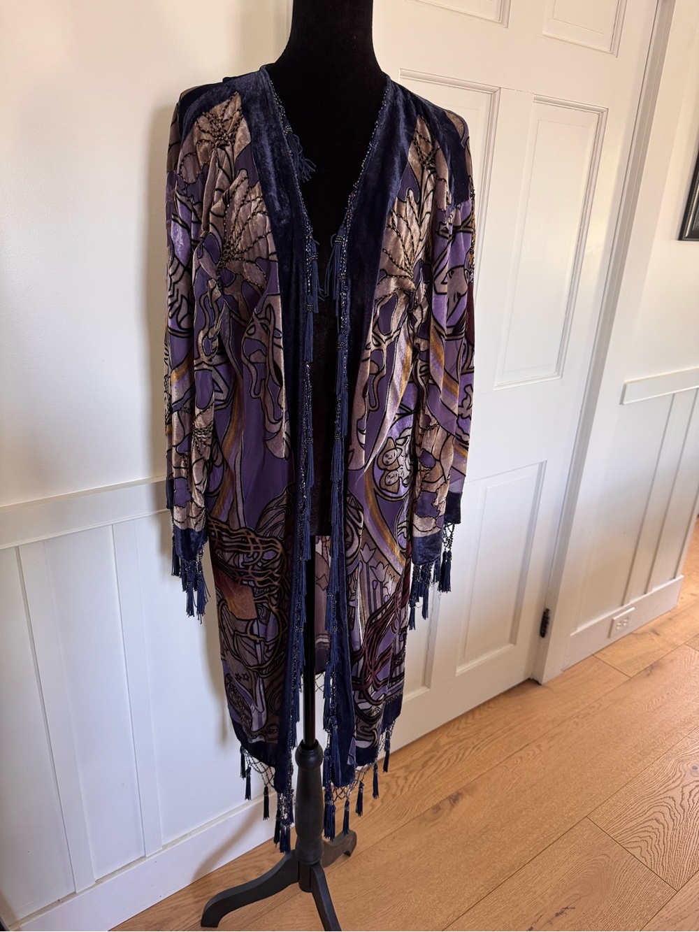 Unique Zodiac Velvet Burnout Beaded Purple and Navy Fringe Boho Kimono Jacket